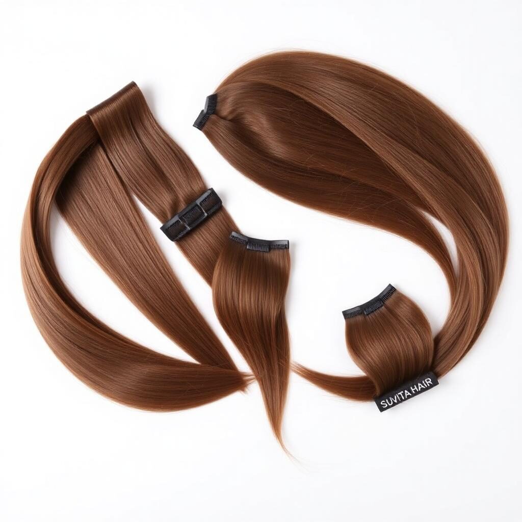 Wholesale 8-Set Clip-In Extensions in Joal-Fadiouth (Senghor Birthplace & Shell Island), Thiès (Saly Beach & Petite Côte), Senegal — front view · 100% human hair extensions — wholesale from India · Suvita Hair