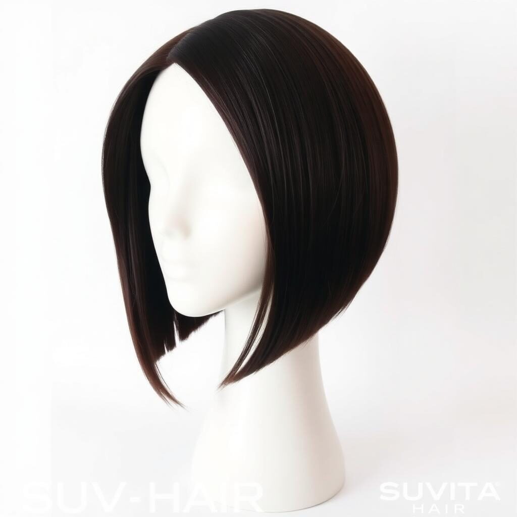 Wholesale Asymmetric Bob Wig in Dibba Al-Baya (UAE Border), Musandam (Norway of Arabia โ Strait of Hormuz), Oman โ front view ยท 100% human hair extensions โ wholesale from India ยท Suvita Hair