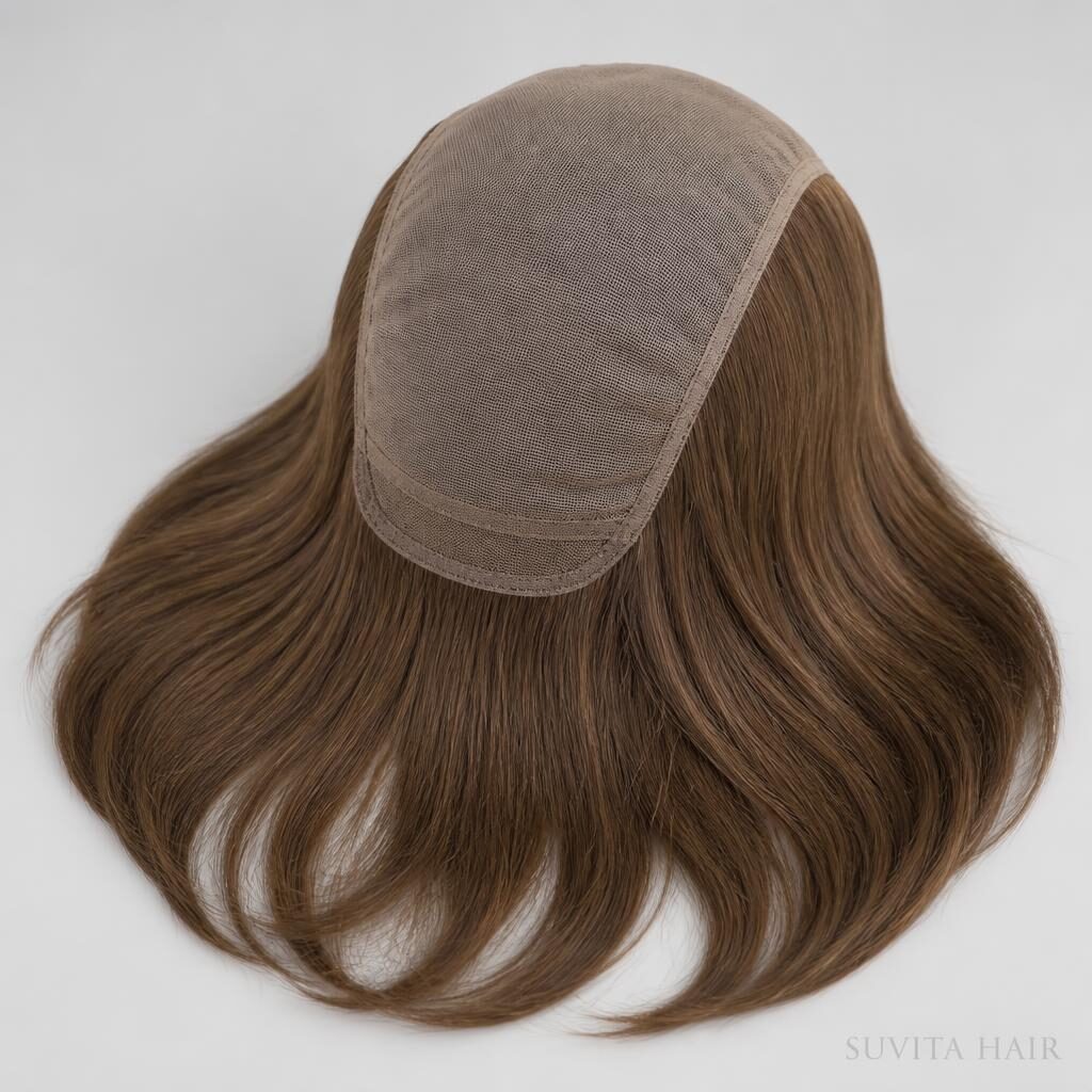 Wholesale Cranial Prosthesis Medical Wig in Ordino (UNESCO Biosphere Village), Ordino (UNESCO Biosphere), Andorra — front view · 100% human hair extensions — wholesale from India · Suvita Hair