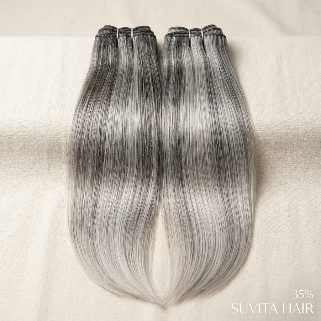 Wholesale Grey & Silver Bundles in Moravske Toplice, Mura (Pomurska โ Prekmurje), Slovenia โ front view ยท 100% human hair extensions โ wholesale from India ยท Suvita Hair