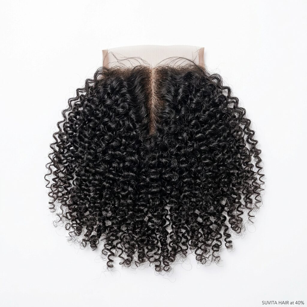 Wholesale Kinky Curly 4x4 Lace Closure in Sveti Stefan (Aman Island), Budva (Riviera / Sveti Stefan), Montenegro — front view · 100% human hair extensions — wholesale from India · Suvita Hair