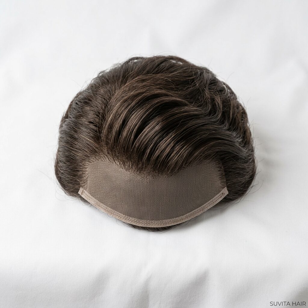 Wholesale Men's Mono Hair System in Huancavelica, Peru — front view · 100% human hair extensions — wholesale from India · Suvita Hair