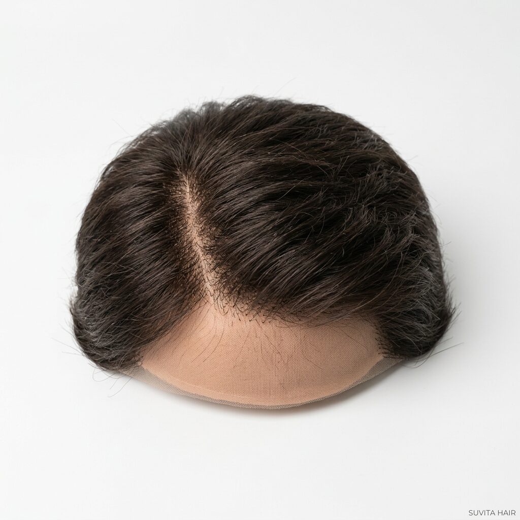 Wholesale Men's Silk Top Hair System in Kapiri Mposhi (TAZARA Terminus), Central (Kabwe Heartland), Zambia โ front view ยท 100% human hair extensions โ wholesale from India ยท Suvita Hair