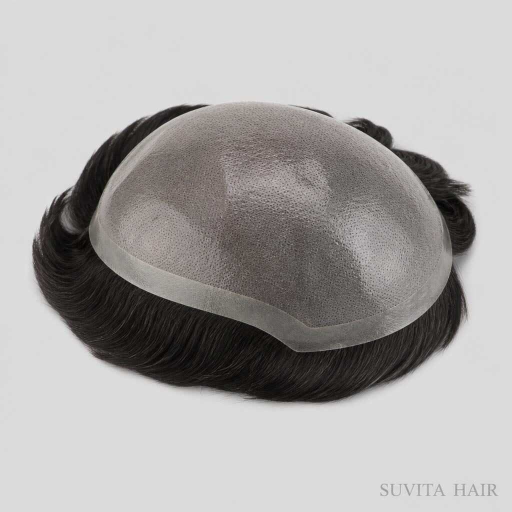 Wholesale Men's Thin Skin Hair System in Sandefjord, Vestfold og Telemark, Norway — front view · 100% human hair extensions — wholesale from India · Suvita Hair