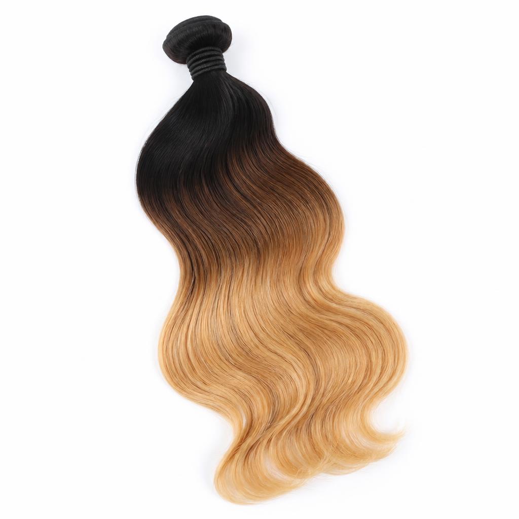 Wholesale Ombré #1B/27 Honey Blonde Bundles in Vubwi (Border Post), Eastern (Chipata & South Luangwa), Zambia — front view · 100% human hair extensions — wholesale from India · Suvita Hair