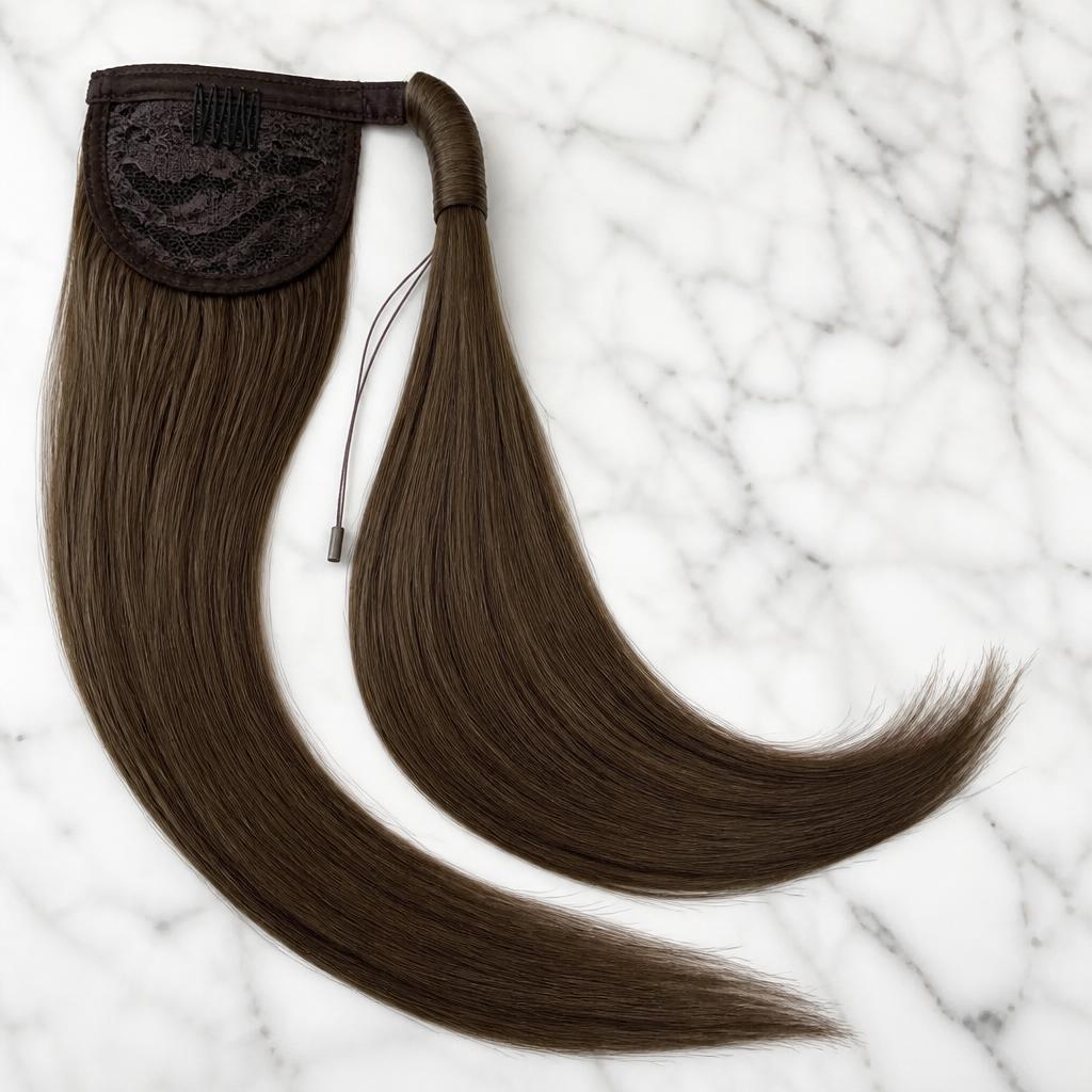 Wholesale Clip-In Ponytail Hair Extensions in Mariehamn, Ahvenanmaa (Åland Islands), Finland — front view · 100% human hair extensions — wholesale from India · Suvita Hair
