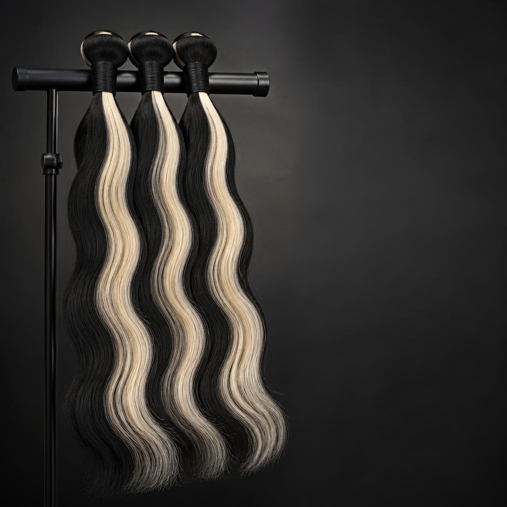 Wholesale Skunk Stripe Bundles in Poiana Brașov, Brașov, Romania — front view · 100% human hair extensions — wholesale from India · Suvita Hair
