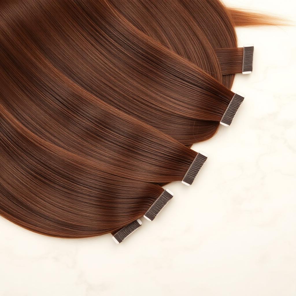 Wholesale Chocolate Brown #4 Tape-In Extensions in Rovinj, Istria County, Croatia — front view · 100% human hair extensions — wholesale from India · Suvita Hair