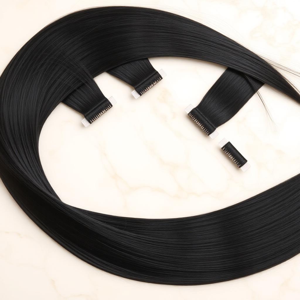 Wholesale Natural Black #1B Tape-In Extensions in Belgrano, Ciudad Autónoma de Buenos Aires, Argentina — front view · 100% human hair extensions — wholesale from India · Suvita Hair
