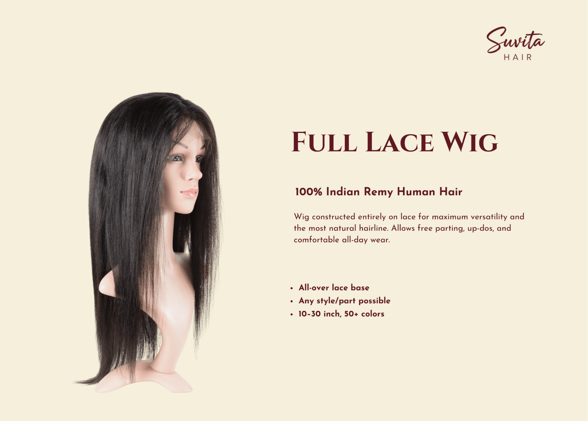 Body Wave Wig — front view · 100% human hair extensions — wholesale from India · Suvita Hair